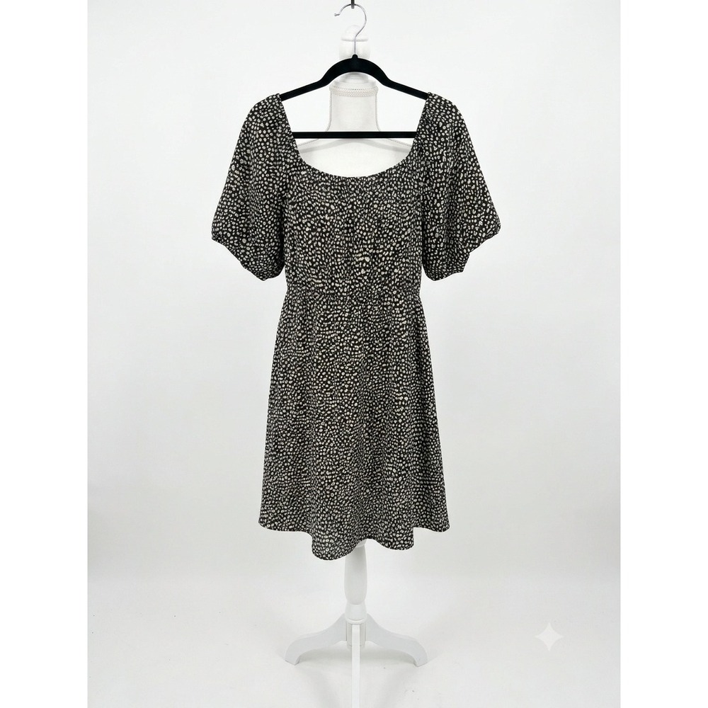 Baevely Black White Leopard Print Puff Sleeve Mini Dress‎ Square Neck Large